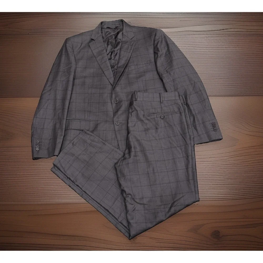 Ermenegildo Zegna Cloth Traveller Saks Wool Silk Gray Windowpane Suit Men's 44